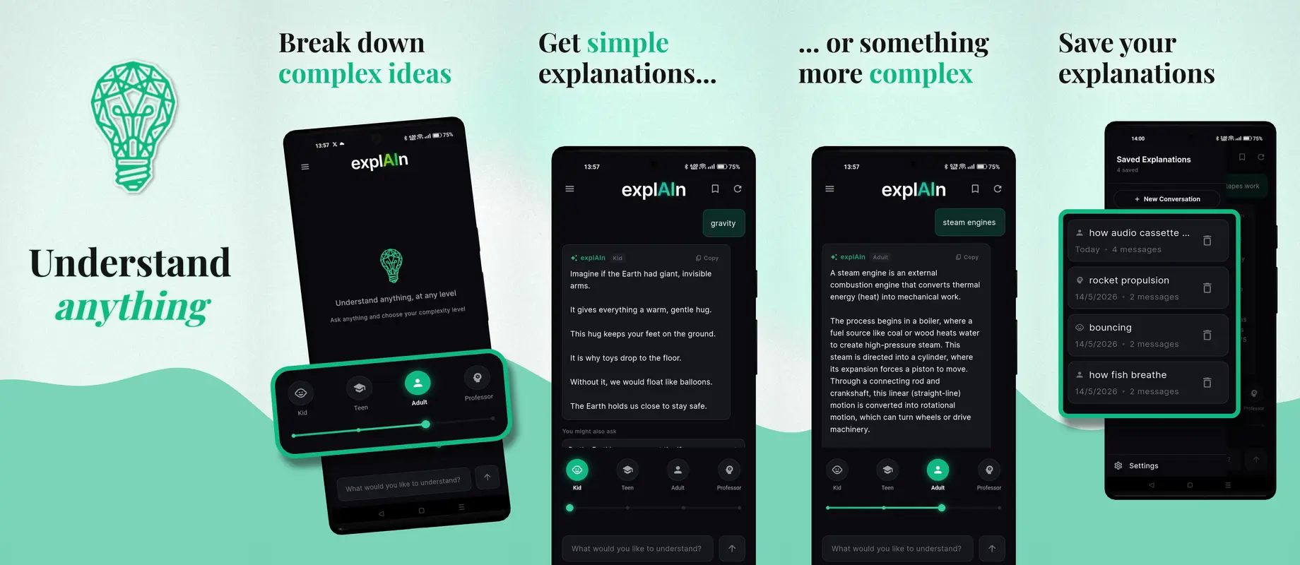 A five-panel App Store screenshot set made in ScreenshotPop: a headline and a green ground wave flow continuously across all five panels, each showing a tilted phone mockup, sliced into separate store-ready files.