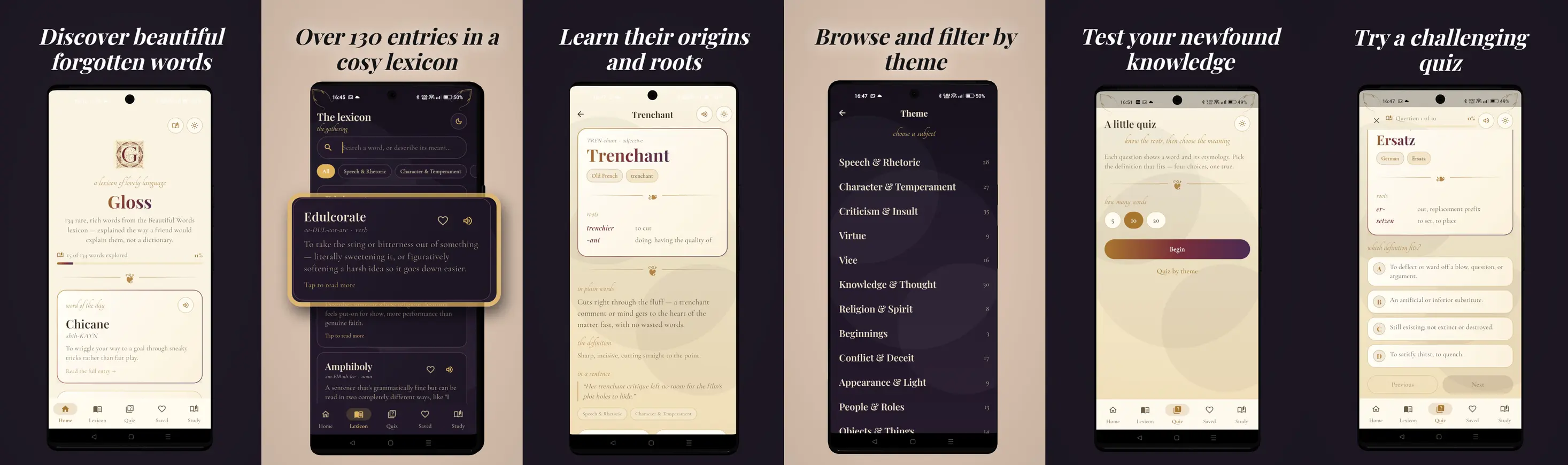 A six-panel Play Store screenshot set for Gloss, a lexicon of rare and beautiful words, made in ScreenshotPop - discover forgotten words, browse a cosy lexicon of over 130 entries, read their origins and roots, filter by theme, then test your knowledge in a quiz - alternating cream and deep aubergine panels with serif headlines.