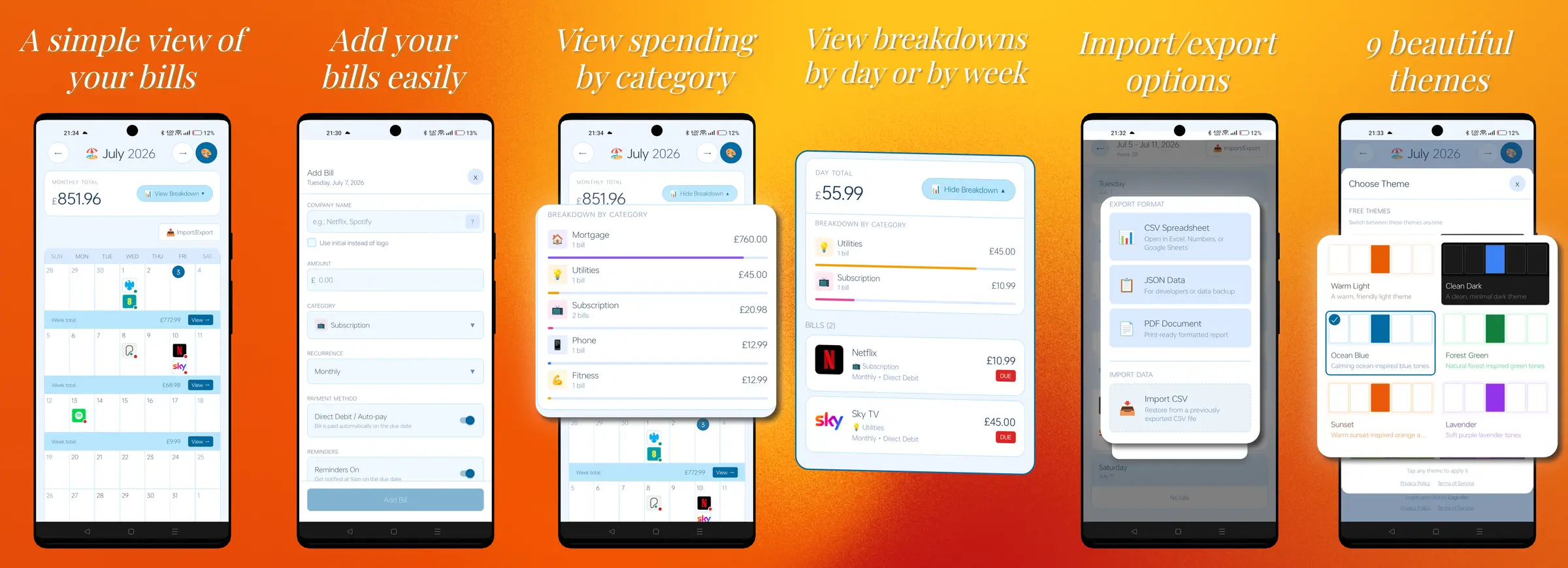 A six-panel App Store screenshot set for Outgoings, a bills and spending tracker, made in ScreenshotPop - a simple bills calendar, a quick add-bill form, spending by category, day and week breakdowns, import/export options, and a theme picker - on a warm orange-to-red gradient.