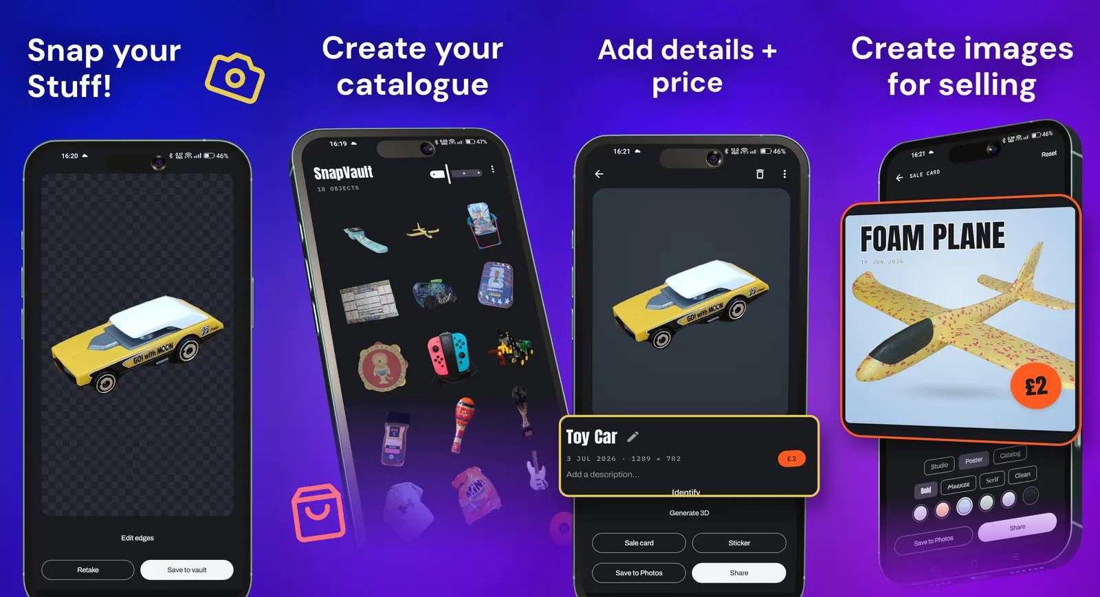 A four-panel App Store screenshot set for SnapVault made in ScreenshotPop - snap an item, build a catalogue, add price details, then generate a sale card - on a blue-to-purple gradient with tilted 3D phones fading into the background.